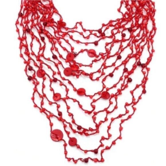 New! Zara Red Crochet Button Statement Necklace NWOT - Picture 2 of 4